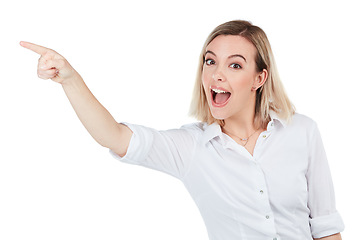 Image showing Advertising, promotion and woman pointing finger on a white background for deal, discount and promo sign. Mockup, display and hand gesture of isolated girl for presenting, sale news and announcement