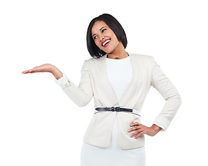 Image showing Display, promotion and black woman on a white background with hand for deal, discount and sign. Mockup, advertising and isolated girl with gesture for presenting, information and product placement