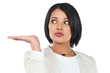 Image showing Advertising, mockup and black woman on a white background with hand for deal, discount and sign. Display, promotion and isolated headshot of girl for presenting news, showing and product placement