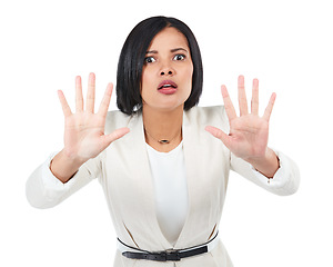 Image showing Scared, stop and portrait of a woman in a studio with a fear, shock and terrified facial expression. Defense, warning and female model with hand gesture or body language isolated by white background.