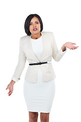 Image showing Corporate studio portrait, black woman and question with hand gesture by white background with style. Isolated manager, business leader and profession with confused hand sign for workplace problem