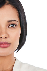 Image showing Confident, beautiful and portrait of the face of a woman isolated on a white background in studio. Serious, half and facial profile of a young professional girl with confidence on a studio background