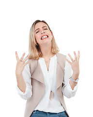 Image showing Stress, woman and frustrated hand gesture, portrait of isolated person crying on white background. People with mental health problem in studio with burnout and sad woman with hands up in frustration.