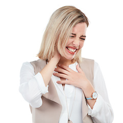 Image showing Neck pain, injury and woman in a studio with a medical emergency, muscle tension or discomfort. Stress, sore and female model with hurt or uncomfortable muscles or spine isolated by white background.