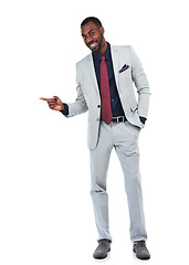 Image showing Portrait, young or businessman pointing finger on isolated white background at marketing space or advertising mockup. Smile, happy or corporate worker with showing hands gesture at mock up sales deal
