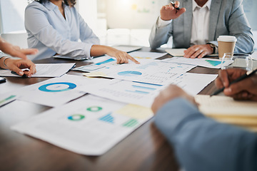 Image showing Documents, meeting and startup team in workshop for kpi strategy, planning or financial project for startup business. Accounting, paperwork and graphs and charts for target, goals or audit research.