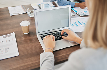 Image showing Laptop, mockup and business woman hands typing email, online media and digital website of brand management, network planning and research. Blank computer screen, office meeting and startup technology