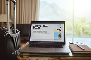 Image showing Online travel website, about us and laptop with business information about brand company service, contact us or vacation site. Ecommerce, digital marketing and hotel room with luggage and notebook