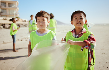 Image showing Children, portrait or trash collection bag in beach waste management, ocean cleanup or sea community service. Happy kids, climate change or cleaning volunteering plastic for nature recycling bonding