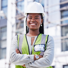 Image showing Architecture, project management and portrait of black woman at construction site for civil engineering, designer and building inspection. Industrial, vision and goal with construction worker