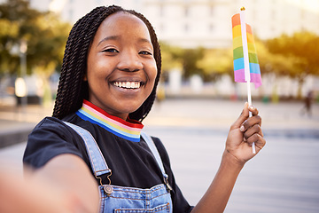 Image showing Black woman portrait, gay selfie and rainbow flag for lgbtq pride with a smile for sexuality freedom. Young lesbian girl in the city for equality and love for non binary and gender neutral lifestyle