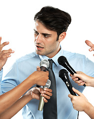 Image showing Reporter, studio microphone and interview for businessman, government worker or corporate speaker. Speech, communication and hands of news journalist asking question to politician on white background