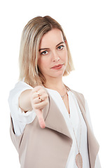 Image showing Vote, thumbs down and portrait of woman unhappy or disappointed opinion isolated on white background. Bad review, dislike and angry person or people with thumb down hand gesture or sign in studio.