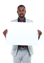 Image showing Portrait, businessman or paper poster for marketing space, advertising mockup or promotion mock up. Corporate worker, banner or blank billboard sign on isolated white background for about us branding