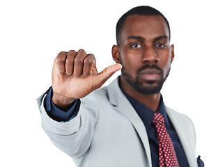 Image showing Portrait, thumbs up or sign language with a business black man in studio isolated on a white background. Hand, gesture and decision with a male employee on blank space for a review or feedback