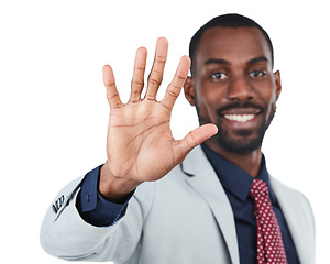 Image showing Portrait, business and black man wave, welcome and guy isolated on white studio background. Employee, African American male and entrepreneur with gesture, greeting and happiness on studio backdrop