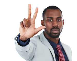 Image showing Business man, three hand sign and portrait of a corporate employee in a professional suit. Serious face, white background and isolated worker black man model showing numbers with hands and mock up