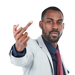 Image showing Portrait, hand and middle finger with a business black man in studio isolated on a white background. Face, emoji or rude and a male employee on blank space with a bad, negative or serious attitude