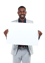 Image showing Portrait, businessman or mockup poster of marketing space, advertising paper or promotion mock up. Happy corporate worker, banner or blank billboard on isolated white background for about us branding