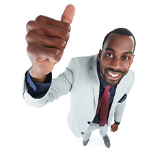 Image showing High angle, portrait or businessman and thumbs up on isolated white background, marketing space or advertising mockup. Smile, happy or corporate worker with like, success emoji or winner hand gesture