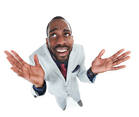 Image showing High angle, perspective or confused businessman on isolated white background, marketing space or advertising mockup. Thinking, curious and doubt for corporate worker with question emoji face or hands