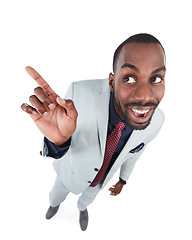 Image showing High angle, businessman or excited pointing finger on isolated white background, marketing space or advertising mockup. Smile, happy and curious corporate worker, creative pov or showing hand gesture