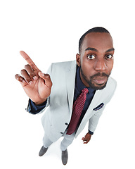 Image showing High angle, portrait or pointing businessman on isolated white background, marketing space or advertising mockup. Thinking, curious and corporate worker face in creative pov with showing hand gesture