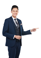 Image showing Happy, portrait or pointing businessman on isolated white background, marketing space or advertising mockup. Smile, asian and corporate worker face with show hand gesture at financial investment deal