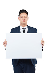 Image showing Businessman portrait, paper or poster mockup for marketing space, advertising mock up or promotion. Corporate worker, banner or blank billboard sign on isolated white background for about us branding