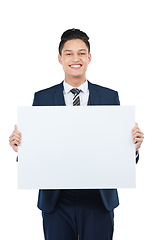 Image showing Portrait, happy worker and poster mockup for marketing paper space, advertising mock up and promotion. Corporate businessman, banner and blank billboard sign on isolated white background for branding