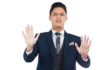 Image showing Businessman, stop hands and safety portrait for warning, wait and forbidden hand gesture isolated in white background. Man, corporate angry face and employee pause hand or body standing in studio