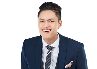 Image showing Portrait, businessman or curious facial expression on isolated white background in huh, what or question emoji. Smile, happy or confused corporate worker and ideas, vision or innovation and listening