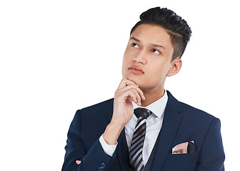 Image showing Businessman, thinking and standing isolated on a white background in thought for idea or decision. Business male, person or man model contemplating strategy, wondering or deciding for a solution