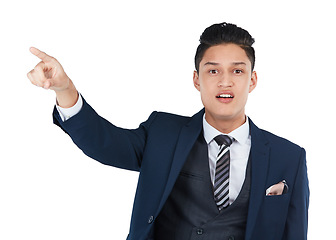 Image showing Businessman portrait, curious or pointing on isolated white background, marketing space or corporate advertising mockup. What, question or confused worker and showing hand gesture at interesting deal