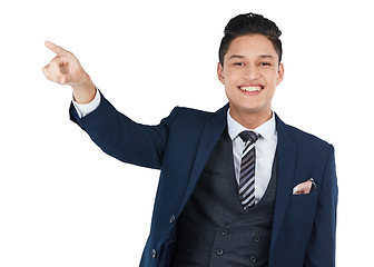 Image showing Happy, portrait or pointing businessman on isolated white background, marketing space or advertising mockup. Smile, asian or corporate worker with showing hands gesture for financial investment deal