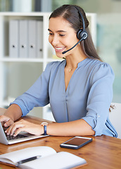 Image showing Telemarketing, call center and woman typing on laptop for technical support, crm consulting and help desk communication. Contact us, email and happy customer service worker with pc for online service