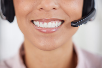 Image showing Call center, customer service and mouth with a black woman consultant working in telemarketing or sales. Contact us, teeth and headset with a female consulting in an office for crm, support or help