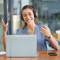 Image showing Zoom meeting, startup video call woman with laptop for teamwork, comic marketing planning or collaboration. Consulting, happy employee with smile for internet webinar, virtual or consultation service