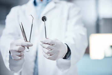 Image showing Dentist hands with tools, teeth and mouth care with cleaning, oral hygienist and surgery for tooth decay. Teeth whitening equipment, metal and medical with oral health and dentistry clinic