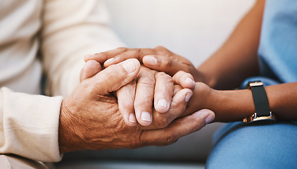 Image showing Hands, nurse and doctor with senior patient, empathy and trust for surgery, psychology and healthcare consulting. Closeup psychologist, caregiver and volunteer support, help and hope of mental health