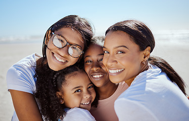 Image showing Black family, summer and kids portrait at ocean with mom enjoying USA vacation in sunshine. Love, care and happy family hug together with joyful smile on holiday break at sunny beach.