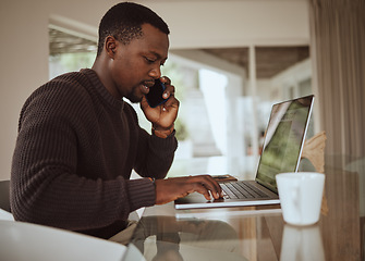 Image showing Remote work, phone call and black man typing on laptop in home office for online consulting, trading and email. Freelancer talking on mobile communication with service provider of computer internet