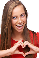 Image showing Woman, smile portrait and heart hands shape, emoji for love sign, happiness and support in white background. Model face, happy symbol and self care peace or excited hand gesture in isolated studio