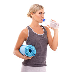 Image showing Yoga, exercise mat and woman drinking water for body care hydration, fitness lifestyle or pilates studio workout. Healthcare wellness, training and health girl with liquid bottle on white background