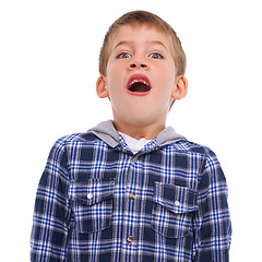 Image showing Portrait, children and wow with a boy in studio isolated on a white background with a missing tooth. Kids, surprise or shocked with a male child feeling amazed with big eyes and surprised expression