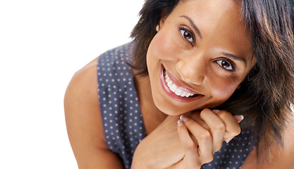 Image showing Face, skin and woman in beauty and skincare mockup, happy with cosmetic care against studio background. Portrait, smile and facial zoom with wellness, dermatology and natural cosmetics with glow