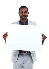 Image showing Portrait, businessman or wink for poster billboard deal, marketing space promotion or advertising paper mock up. Happy corporate worker, banner and blank branding mockup on isolated white background