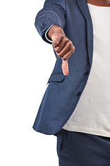 Image showing Black man, hands and thumbs down for fail, disagree or incorrect against a white studio background. Hand of isolated African American man showing thumb down gesture for failure on a white background