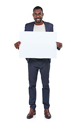 Image showing Businessman portrait, happy worker and poster mockup on marketing paper, advertising mock up and promotion space. Banner, blank and billboard sign for creative designer on isolated white background