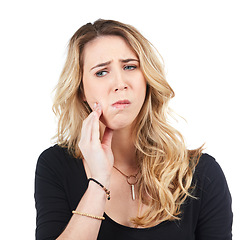 Image showing Woman, toothache and angry face for dental care, tooth decay or healthcare wellness isolated in white background. Young female, dentist and female emergency or mouth problem frustrated in studio